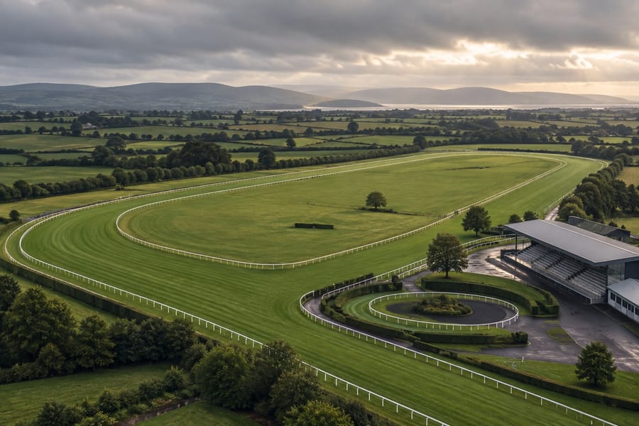 Aerial view of a green racecourse oval with white running rails, a parade ring and a small grandstand among fields